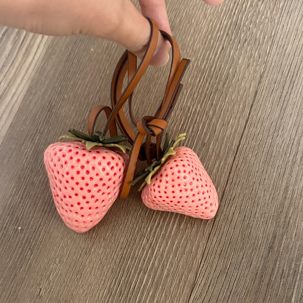 New acrylic realistic pink strawberry bag charm with leather strap